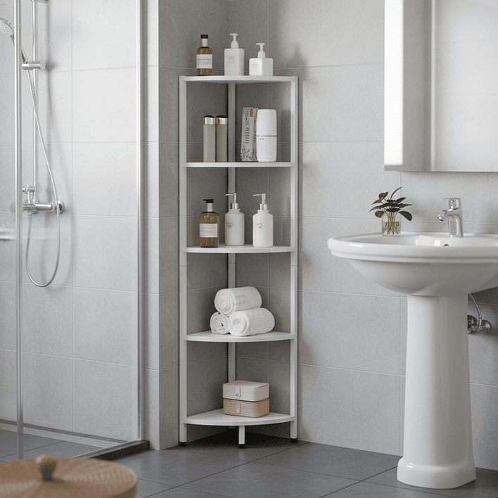 Estante Esquinero Blanco de Metal y Madera 5 Niveles - 140.5x32×32 cm 4