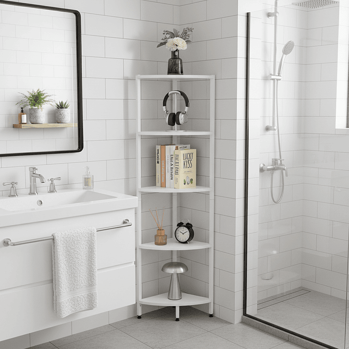 Estante Esquinero Blanco de Metal y Madera 5 Niveles - 140.5x32×32 cm 3