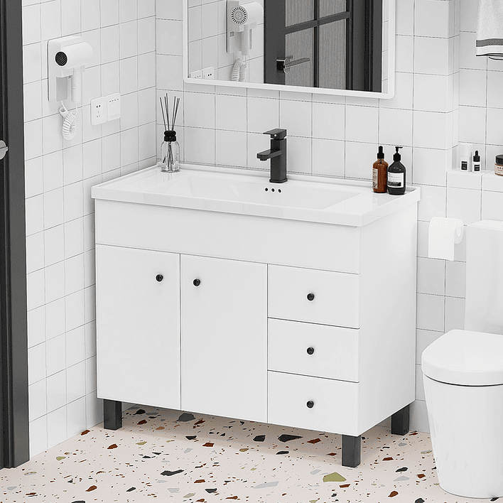 Mueble Vanitorio Blanco con Patas + Cubierta de Loza Semi Plana 100x47x80 cm 3