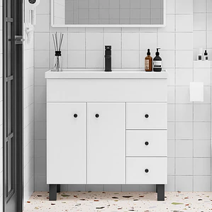 Mueble Vanitorio Blanco con Patas + Cubierta de Loza Semi Plana 80x47x80 cm