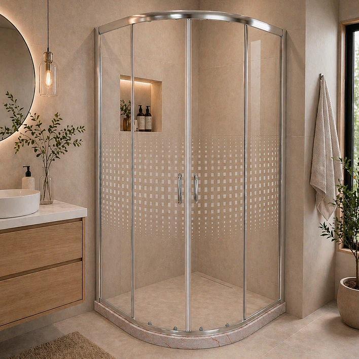 Shower Door Curvo Barra a Piso Travertino Transparente 90x90x185 cm 2