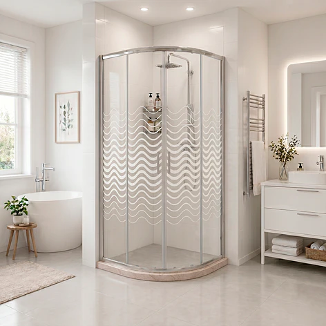 Shower Door Curvo Barra a Piso Travertino Líneas Curvas 90x90x185 cm 1