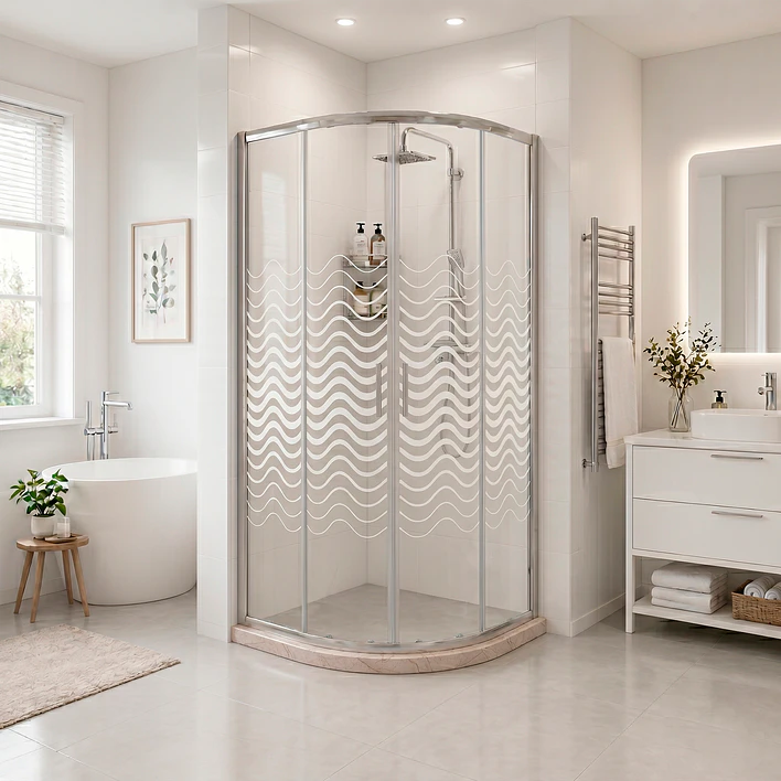 Shower Door Curvo Barra a Piso Travertino Líneas Curvas 90x90x185 cm 1