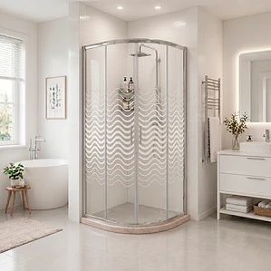 Shower Door Curvo Barra a Piso Travertino Líneas Curvas 90x90x185 cm