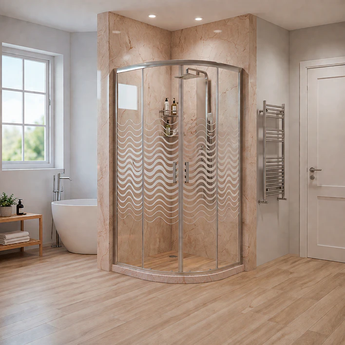 Shower Door Curvo Barra a Piso Travertino Líneas Curvas 90x90x185 cm 3