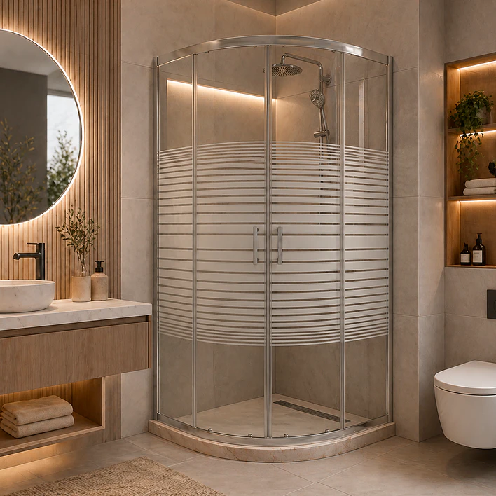 Shower Door Curvo Barra a Piso Travertino Líneas Rectas 90x90x185 cm 1