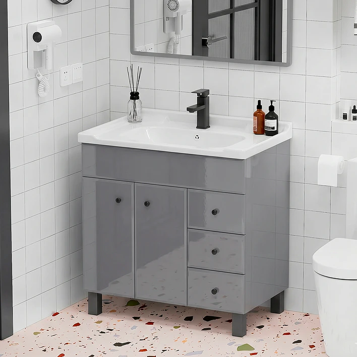 Mueble Vanitorio Gris con Patas + Cubierta de Loza 856 Relieve 80x47x80 cm 4