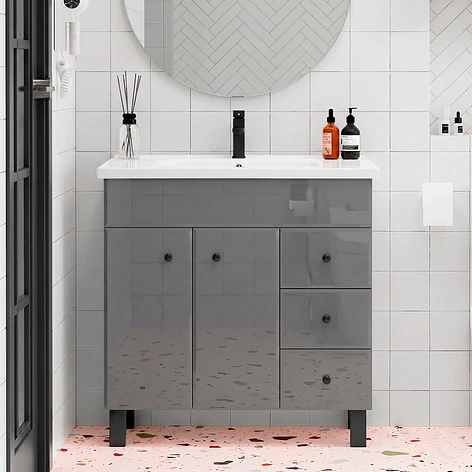 Mueble Vanitorio Gris con Patas + Cubierta de Loza Plana 80x47x80 cm 2