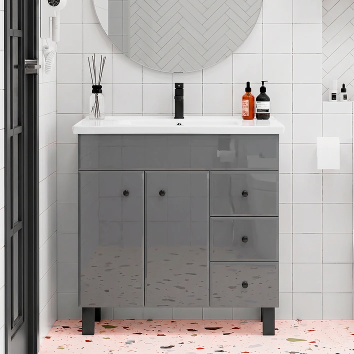 Mueble Vanitorio Gris con Patas + Cubierta de Loza Plana 80x47x80 cm 2