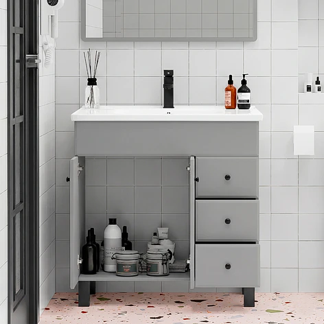 Mueble Vanitorio Gris con Patas + Cubierta de Loza Plana 80x47x80 cm 3