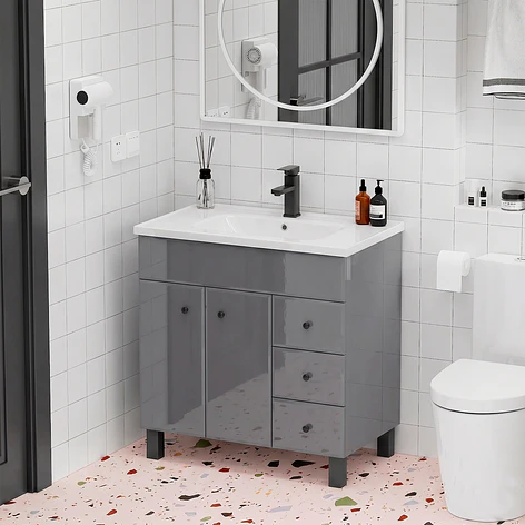 Mueble Vanitorio Gris con Patas + Cubierta de Loza Plana 80x47x80 cm 4