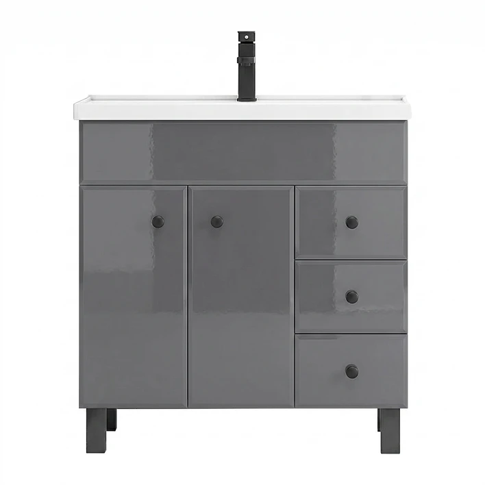 Mueble Vanitorio Gris con Patas + Cubierta de Loza Semi Plana 80x47x80 cm 1
