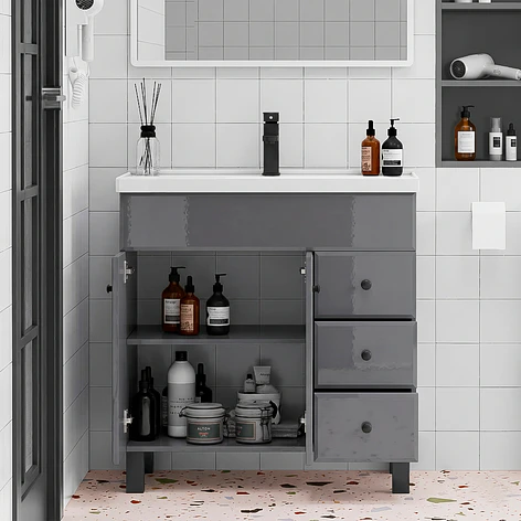 Mueble Vanitorio Gris con Patas + Cubierta de Loza Semi Plana 80x47x80 cm 3