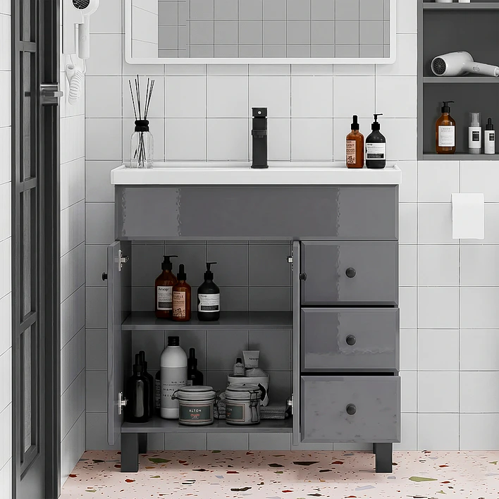 Mueble Vanitorio Gris con Patas + Cubierta de Loza Semi Plana 80x47x80 cm 3