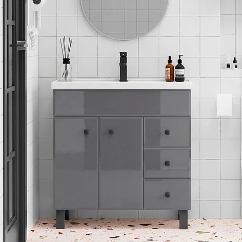 Mueble Vanitorio Gris con Patas + Cubierta de Loza Semi Plana 80x47x80 cm 2