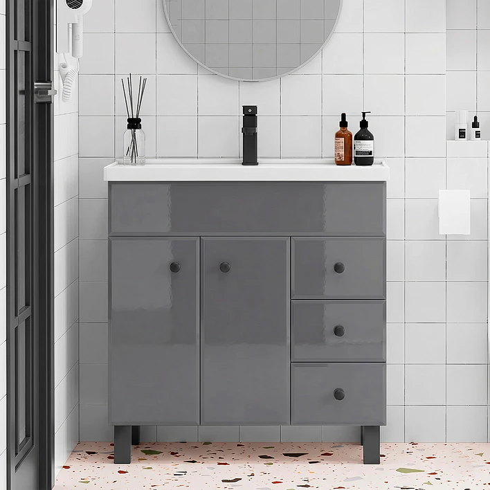 Mueble Vanitorio Gris con Patas + Cubierta de Loza Semi Plana 80x47x80 cm 2