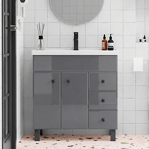 Mueble Vanitorio Gris con Patas + Cubierta de Loza Semi Plana 80x47x80 cm