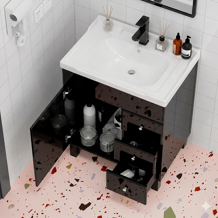Mueble Vanitorio Negro con Patas + Cubierta de Loza 856 Relieve 80x47x80 cm 5