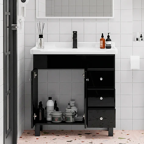 Mueble Vanitorio Negro con Patas + Cubierta de Loza 856 Relieve 80x47x80 cm 3