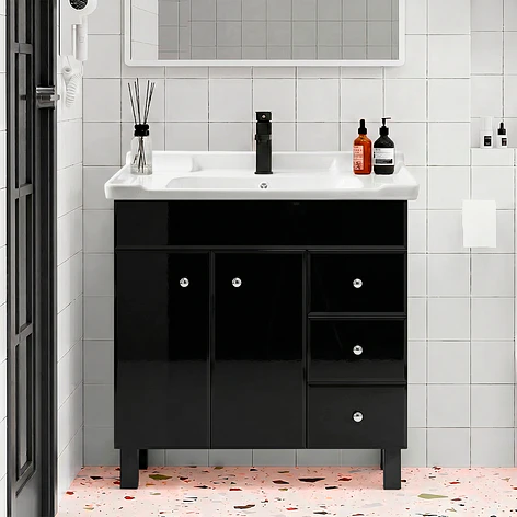 Mueble Vanitorio Negro con Patas + Cubierta de Loza 856 Relieve 80x47x80 cm 2