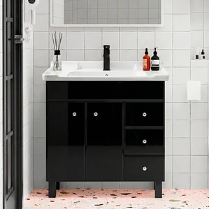 Mueble Vanitorio Negro con Patas + Cubierta de Loza 856 Relieve 80x47x80 cm
