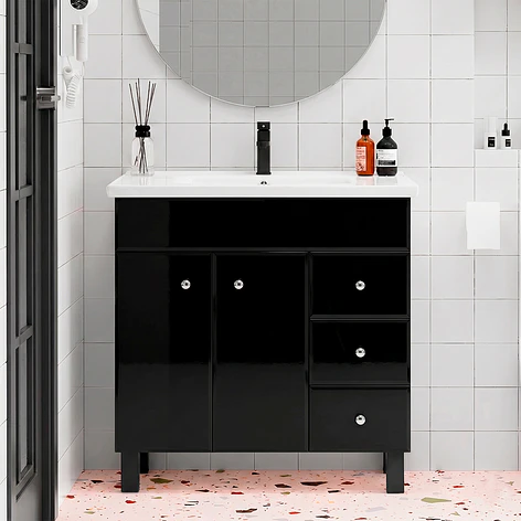 Mueble Vanitorio Negro con Patas + Cubierta de Loza Plana 80x47x80 cm 2