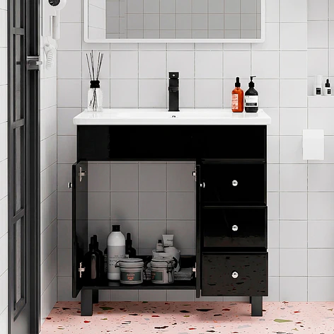 Mueble Vanitorio Negro con Patas + Cubierta de Loza Plana 80x47x80 cm 3