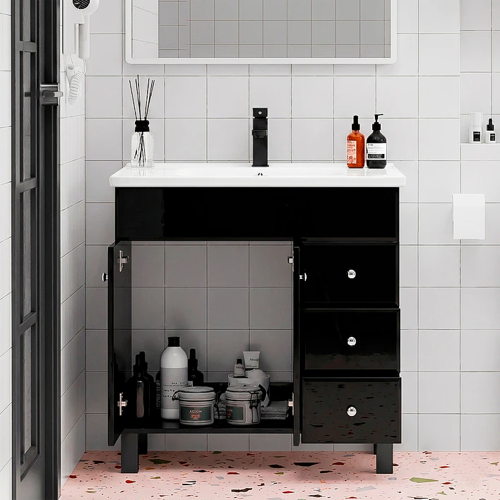 Mueble Vanitorio Negro con Patas + Cubierta de Loza Plana 80x47x80 cm 3