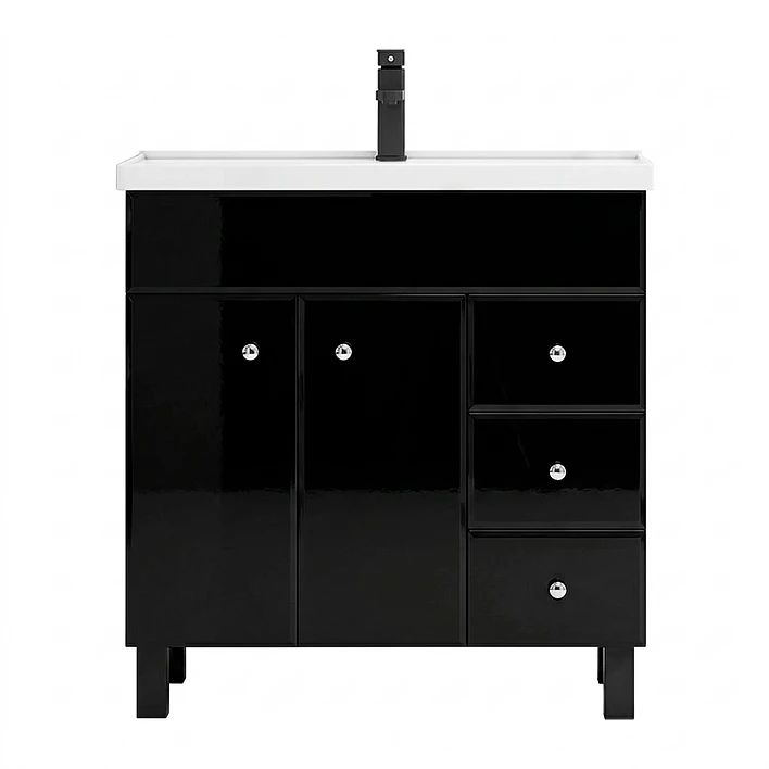 Mueble Vanitorio Negro con Patas + Cubierta de Loza Semi Plana 80x47x80 cm 1