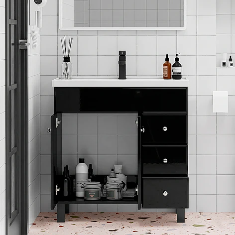 Mueble Vanitorio Negro con Patas + Cubierta de Loza Semi Plana 80x47x80 cm 3