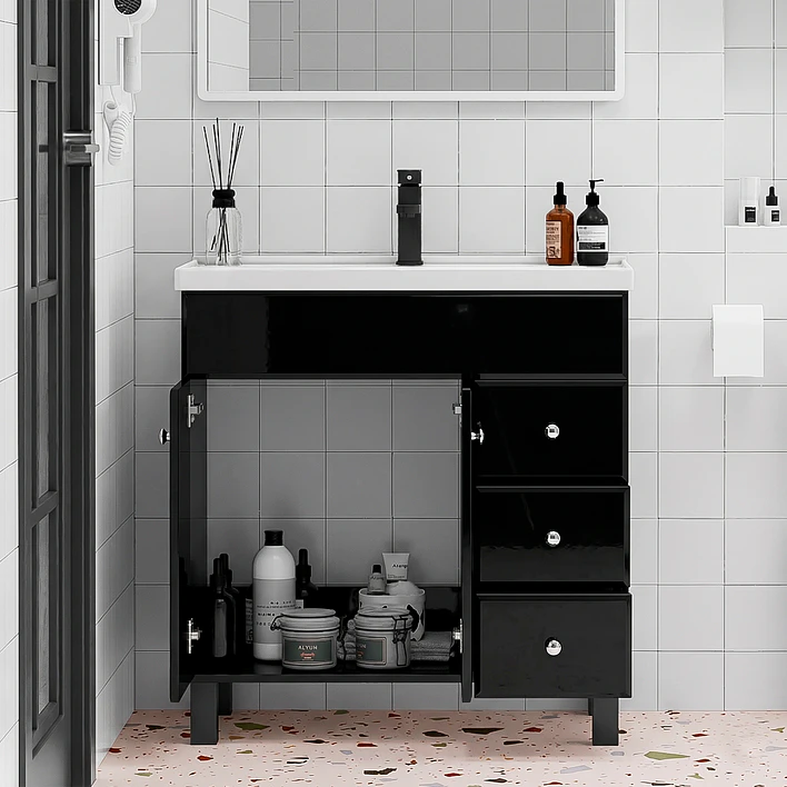 Mueble Vanitorio Negro con Patas + Cubierta de Loza Semi Plana 80x47x80 cm 3