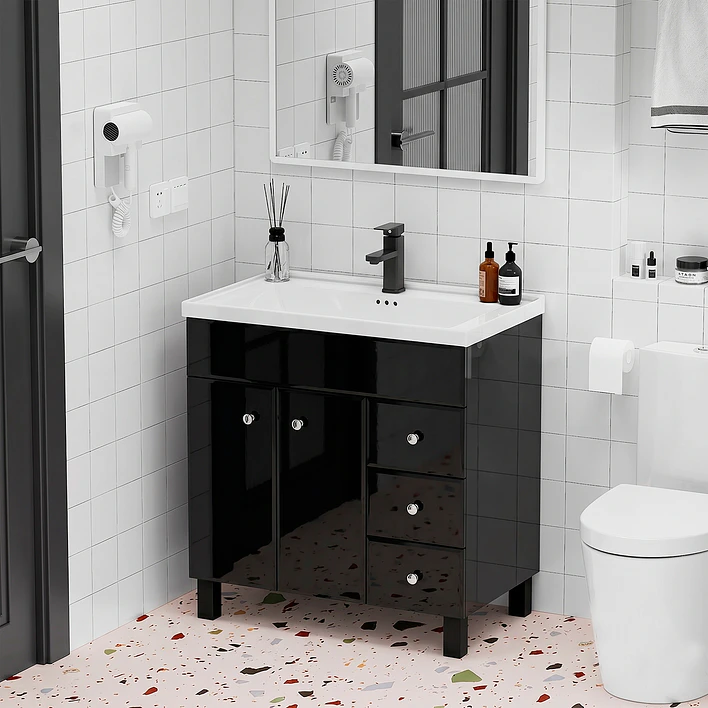Mueble Vanitorio Negro con Patas + Cubierta de Loza Semi Plana 80x47x80 cm 4