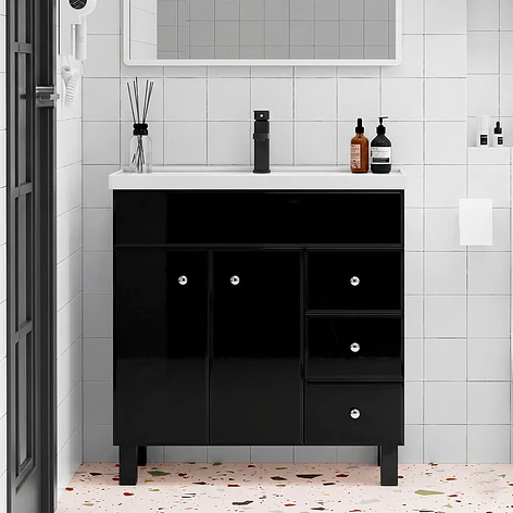 Mueble Vanitorio Negro con Patas + Cubierta de Loza Semi Plana 80x47x80 cm 2