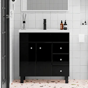 Mueble Vanitorio Negro con Patas + Cubierta de Loza Semi Plana 80x47x80 cm