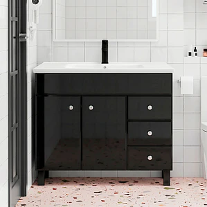 Mueble Vanitorio Joytek Negro con Patas + Cubierta de Loza Plana 100x47x80 cm