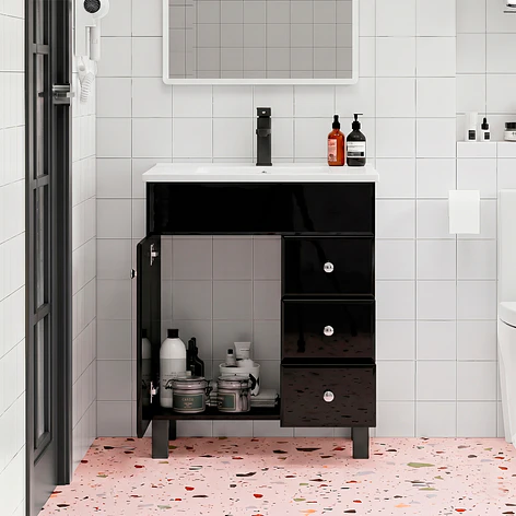 Mueble Vanitorio Joytek Negro con Patas + Cubierta de Loza Plana 60x40x80 cm 3