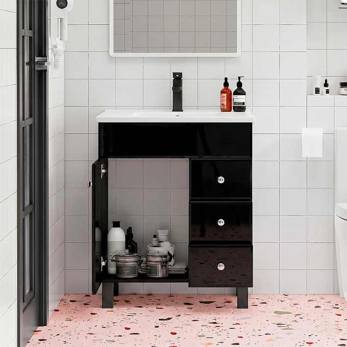 Mueble Vanitorio Joytek Negro con Patas + Cubierta de Loza Plana 60x40x80 cm 3