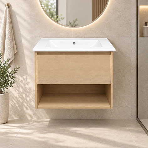 Mueble Vanitorio Austin Beis Natural con Cajón y Repisa 60x47x52 cm (Incluye Cubierta de Loza) 1
