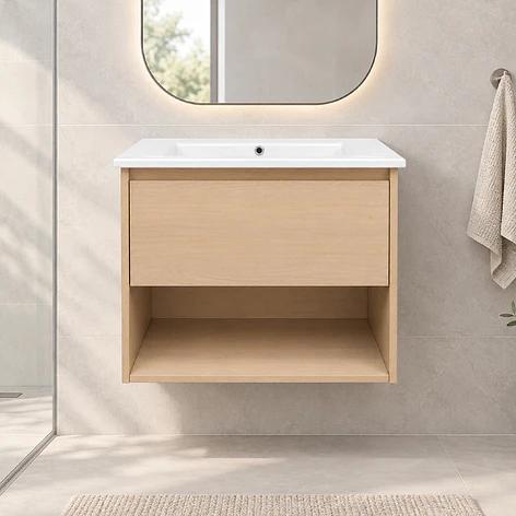 Mueble Vanitorio Austin Beis Natural con Cajón y Repisa 60x47x52 cm (Incluye Cubierta de Loza) 5