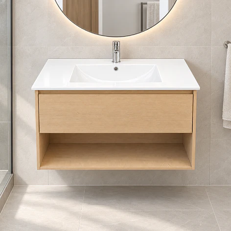 Mueble Vanitorio Austin Beis Natural con Cajón y Repisa 80x47x52 cm (Incluye Cubierta de Loza) 1