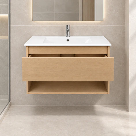 Mueble Vanitorio Austin Beis Natural con Cajón y Repisa 80x47x52 cm (Incluye Cubierta de Loza) 3