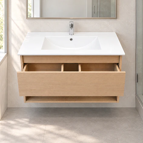 Mueble Vanitorio Austin Beis Natural con Cajón y Repisa 80x47x52 cm (Incluye Cubierta de Loza) 4