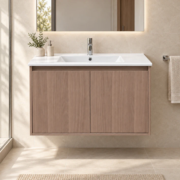 Mueble Vanitorio Austin Nogal Oscuro con 2 Puertas 80x47x52 cm (Incluye Cubierta de Loza) 1