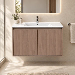 Mueble Vanitorio Austin Nogal Oscuro con 2 Puertas 80x47x52 cm (Incluye Cubierta de Loza)