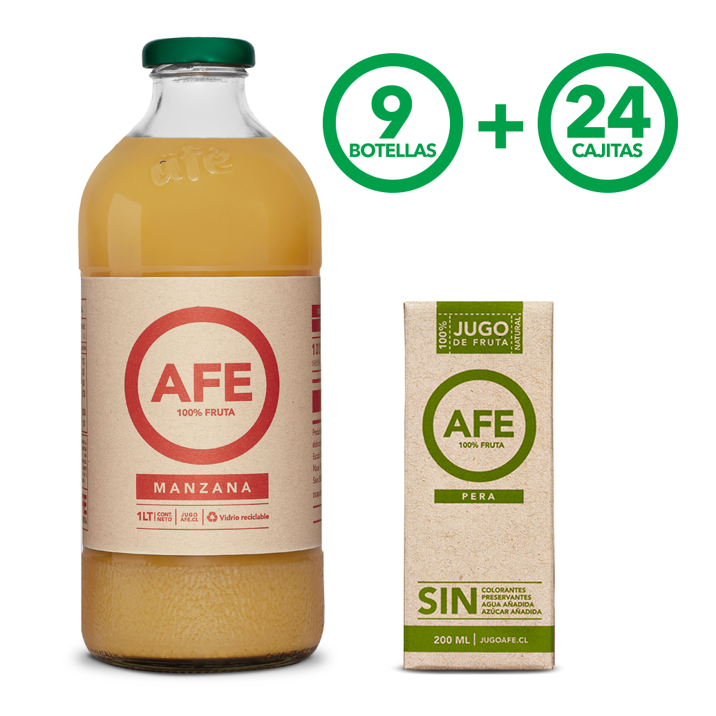 JUGO DE MANZANA ROJA: 9 BOTELLAS AFE 1 LITRO + 24 TETRA PACK JUGO DE PERA