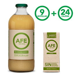 JUGO DE MANZANA VERDE: 9 BOTELLAS AFE 1 LITRO + 24 TETRA PACK JUGO DE PERA