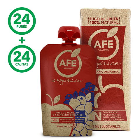 ORGÁNICO: 24 Cajitas Manzana + 24 Puré Manzana y Arándano