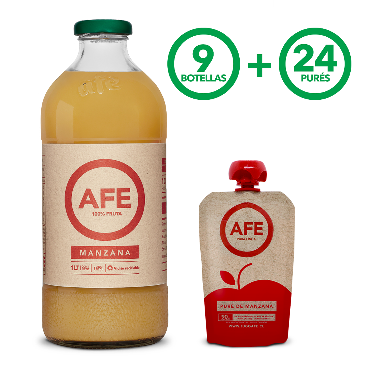 JUGO DE MANZANA ROJA: 9 BOTELLAS AFE 1 LITRO + 24 PURÉ DE MANZANA 1