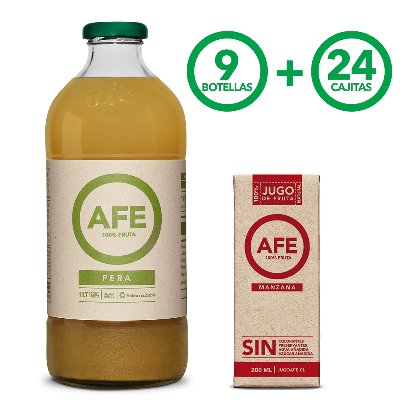 JUGO DE PERA: 9 BOTELLAS AFE 1 LITRO + 24 TETRA PACK MANZANA ROJA 1