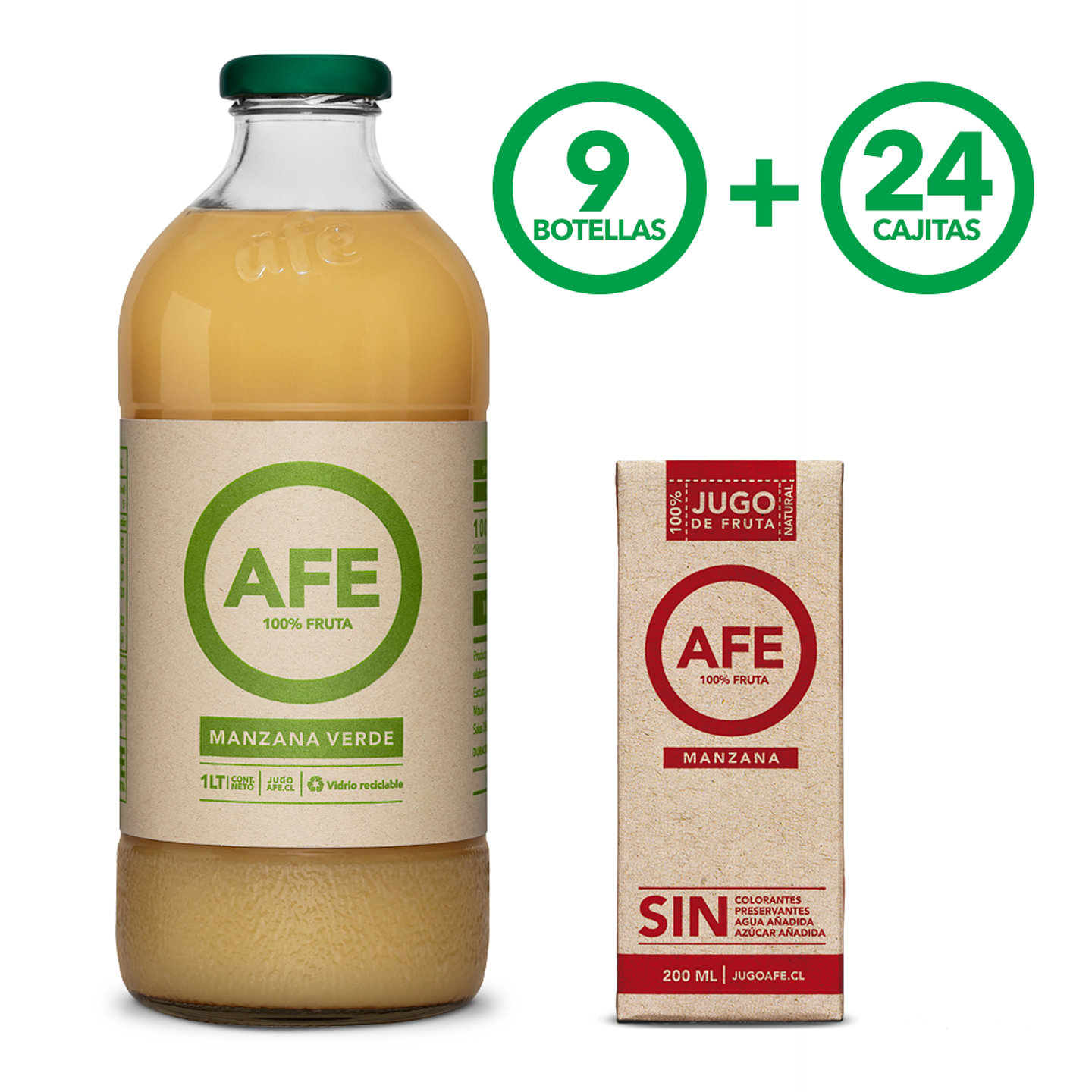 JUGO DE MANZANA VERDE: 9 BOTELLAS AFE 1 LITRO + 24 TETRA PACK MANZANA ROJA 1